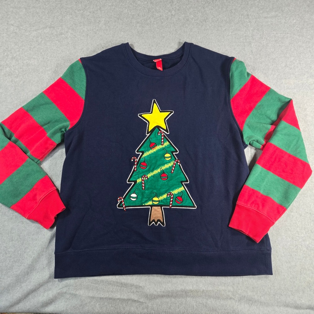 Target Christmas Tree Sweatshirt XXL Navy Blue Red Green Striped Sleeves Holiday